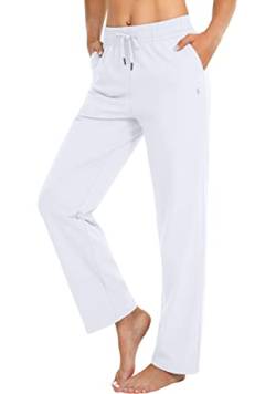 SANTINY Damen Baumwolle Sweatpants Yoga Lounge Casual Pants Open Bottom Sweat Pants für Frauen mit Taschen, Weiß, Klein von SANTINY