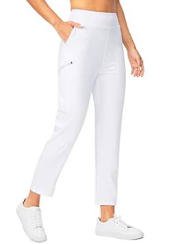 SANTINY Damen-Golfhose mit 3 Reißverschlusstaschen, 7/8-Stretch, hohe Taille, Knöchelhose für Frauen, Reisen, Arbeit, Weiss/opulenter Garten, XX-Large von SANTINY