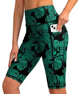 SANTINY Damen High Waist Badeshorts mit Taschen UPF50+ Long Board Badeshorts für Frauen mit Liner, leaf, Small von SANTINY