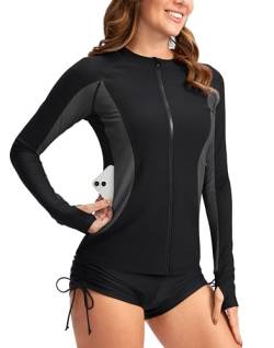 SANTINY Damen Rashguard Reißverschlusstaschen LSF 50+ Sonnenschutz Langarm Badeanzug Top Reißverschluss vorne Schwimmshirt für Frauen, Schwarz # Dunkelgrau, Medium von SANTINY