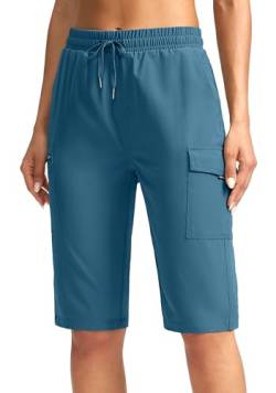 SANTINY Damen-Wandershorts, knielang, schnell trocknend, Cargo-Bermuda-Shorts für Damen, mit Reißverschlusstaschen, 33 cm, Blau Grün, 3X-Groß von SANTINY