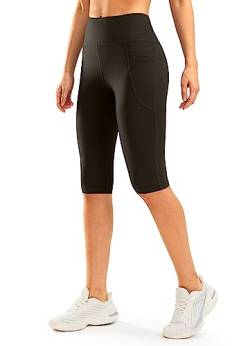 SANTINY Knielange Capri-Leggings für Damen, mit Taschen, hohe Taille, Workout, Yoga, Caprihose für Frauen, Braun, S von SANTINY