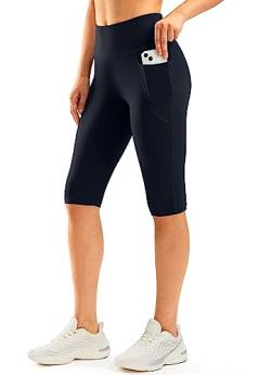 SANTINY Knielange Capri-Leggings für Damen, mit Taschen, hohe Taille, Workout, Yoga, Caprihose für Frauen, Marineblau, Groß von SANTINY