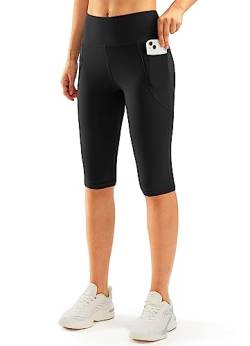 SANTINY Knielange Capri-Leggings für Damen, mit Taschen, hohe Taille, Workout, Yoga, Caprihose für Frauen, Schwarz, Groß von SANTINY