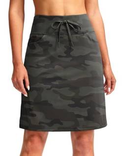 SANTINY Modest Knielange Skorts Röcke für Damen Tennis Athletic Golf Skort mit Taschen UV-Schutz hohe Taille, Grün, Camouflage, Groß von SANTINY