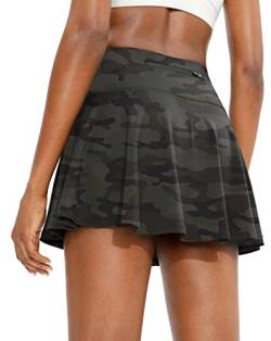 SANTINY Plissierter Tennisrock für Frauen mit 4 Taschen, hohe Taille, athletischer Golf-Skorts, Röcke zum Laufen, Casual, Grün, Camouflage, Mittel von SANTINY