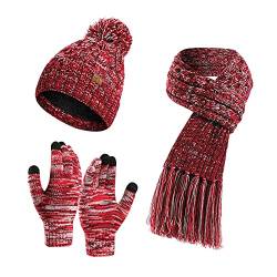 Ski-Gesichtsschutz für Erwachsene, 3-teiliges Set, Beanie-Mützen-Set, verschleißfest, Touchscreen-Wollgarn, Mütze, Schal, Handschuhe, Set für den Winter, Violett, rot, Rot von SANWOOD