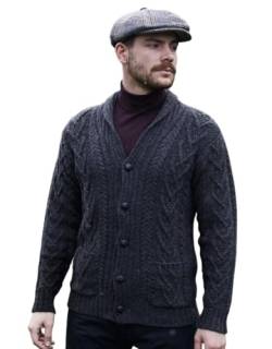 100% Merinowolle Herren Aran Cable Irisch Schal Kragen Strickjacke (Holzkohle, Medium) von SAOL