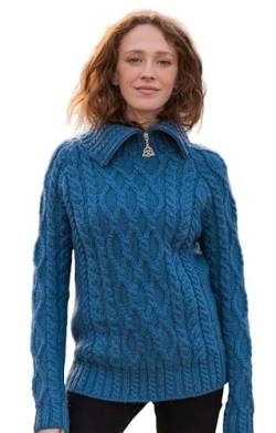 SAOL 100% Merinowolle Aran Fisherman Celtic Pullover mit halbem Reißverschluss für Damen, Blaugrün von SAOL