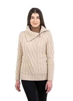 SAOL 100% Merinowolle Aran Fisherman Celtic Pullover mit halbem Reißverschluss für Damen (as3, Alpha, l, Regular, Regular, Pastinake) von SAOL