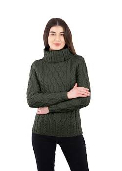 SAOL 100% Merinowolle Aran Fisherman Celtic Pullover mit halbem Reißverschluss für Damen (as3, Alpha, x_s, Regular, Regular, Armeegrün) von SAOL