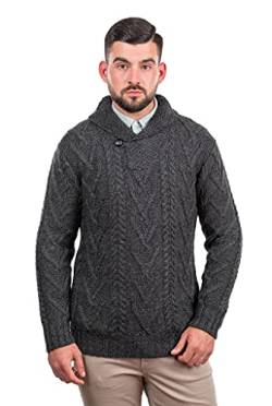 SAOL 100% Merinowolle Aran Herren Schalkragen Pullover mit eine Taste, in Natur/Holzkohle/Armeegrün/Marine/Meerblau (Holzkohle, Small) von SAOL