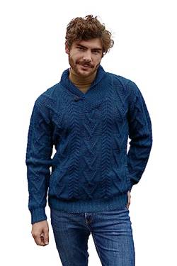 SAOL 100% Merinowolle Aran Herren Schalkragen Pullover mit eine Taste, in Natur/Holzkohle/Armeegrün/Marine/Meerblau (Meerblau, Small) von SAOL