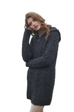 SAOL 100% Merinowolle Aran Irisch Cardigan für Damen mit Taschen, Kapuze und keltischem Reißverschluss, Anthrazit von SAOL