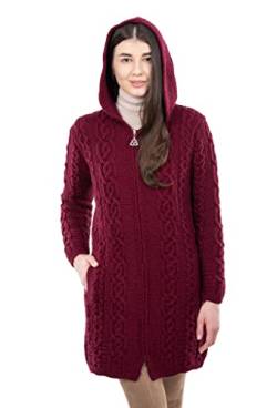 SAOL 100% Merinowolle Aran Irish Cardigan für Damen mit Taschen, Kapuze und keltischem Reißverschluss, Wein, Klein von SAOL