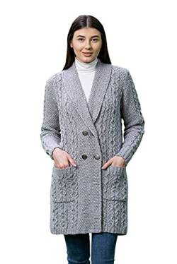 SAOL 100% Merinowolle Damen Aran Zweireiher Kragen Mantel, Grau, XL von SAOL