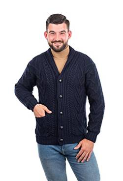 SAOL 100% Merinowolle Herren Aran Cable Schal Kragen Strickjacke, in Holzkohle/Marine/Armeegrün (Marine, Large) von SAOL