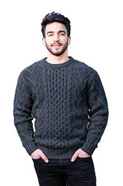 SAOL 100% Merinowolle Herren Aran Pullover mit Rundhalsausschnitt Kragen, Holzkohle, XL von SAOL