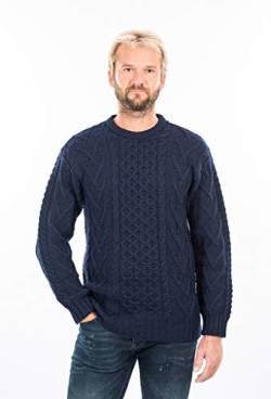 SAOL 100% Merinowolle Herren Aran Pullover mit Rundhalsausschnitt Kragen (Marine, X-Large) von SAOL