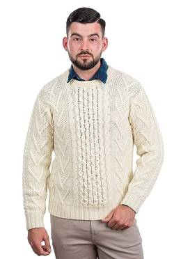 SAOL 100% Merinowolle Herren Aran Pullover mit Rundhalsausschnitt Kragen (Natur, Large) von SAOL