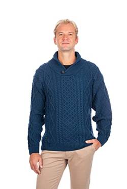 SAOL 100% Merinowolle Irisch Aran Schalkragen Pullover mit EIN Knopf für Herren, in Natur/Atlantikblau/Connemara Grün (Atlantikblau, Medium) von SAOL