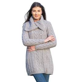 SAOL 100% Merinowolle Klassische Warme Irische Aran Cable Mantel für Damen in Natur/Armeegrün/Grau/Marine (Grau, Large) von SAOL