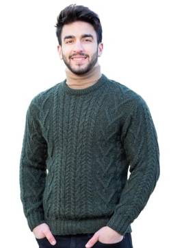 SAOL 100% Merinowolle Traditioneller Herren Aran Pullover mit Rundhalsausschnitt, in Natur/Holzkohle/Armeegrün, Armeegrün, 3XL von SAOL