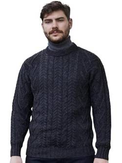 SAOL 100% Merinowolle Traditioneller Herren Aran Pullover mit Rundhalsausschnitt, in Natur/Holzkohle/Armeegrün, Holzkohle, L von SAOL