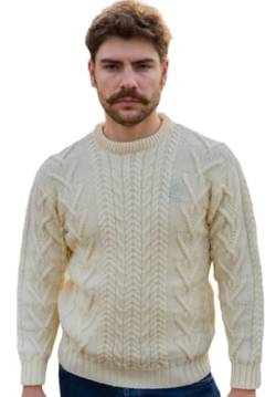 SAOL 100% Merinowolle Traditioneller Herren Aran Pullover mit Rundhalsausschnitt, in Natur/Holzkohle/Armeegrün, Natur, M von SAOL