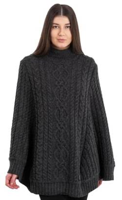 SAOL 100% Merinowolle Zopfmuster Damen Irish Aran Poncho Cardigan (DE/NL/SE/PL, Alphanumerisch, L, XL, Regular, Regular, Dunkelgrau) von SAOL