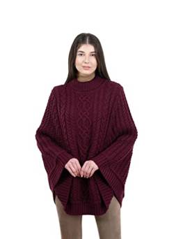 SAOL 100% Merinowolle Zopfmuster Damen Irish Aran Poncho Cardigan (Wein, Klein – Mittel) von SAOL