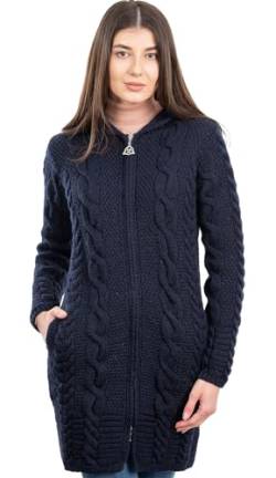 SAOL Aran Cardigan Irish Coat Cable Knit Kapuze Reißverschluss 100% Merino Wolle (Navy, Klein) von SAOL