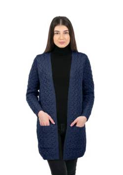 SAOL Aran Cardigan Mantel für Frauen Irische Open Front Cardigan mit Taschen Merinowolle Fisherman Cardigan Made in Irland (DE/NL/SE/PL, Alphanumerisch, L, Regular, Regular, Marine) von SAOL