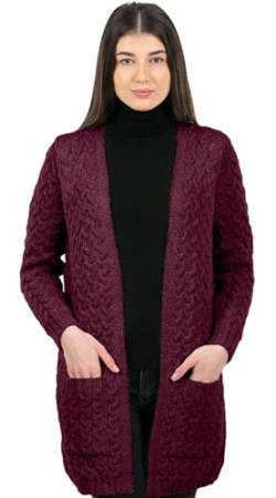 SAOL Aran Cardigan Mantel für Frauen Irische Open Front Cardigan mit Taschen Merinowolle Fisherman Cardigan Made in Irland (L, Wein) von SAOL