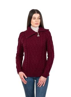 SAOL Aran Fisherman Celtic Strickjacken Pullover aus 100% Merinowolle mit halbem Reißverschluss für Damen (as3, Alpha, l, Regular, Regular, Wein) von SAOL