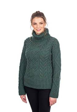 SAOL Aran Irischer Pullover für Damen Strickjacke aus 100% Merinowolle Pulli (Connemmara Grün, Medium) von SAOL