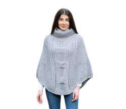 SAOL Damen Poncho aus 100% Merinowolle mit Zopfmuster - Grau - Einheitsgröße von SAOL