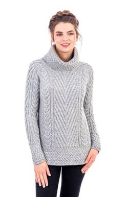 SAOL Damen Rollkragenpullover mit Geripptem Irischem Zopfmuster, in Natur/Grau/Marine (Grau, Small) von SAOL