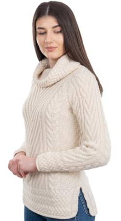 SAOL Damen Rollkragenpullover mit Geripptem Irischem Zopfmuster, in Natur/Grau/Marine (Natur, X-Large) von SAOL