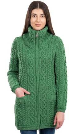 SAOL Damen Strickjacke Aran mit Reißverschluss 100% Merinowolle Irischer Mantel mit Taschen und hohem Kragen, Grün - Groß von SAOL