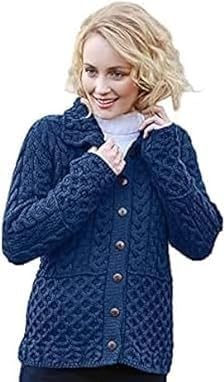 SAOL Damen Strickjacke Cardigan mit Wabenmuster 100% Merinowolle Irischer Strick mit Knöpfen,Atlantisches Blau von SAOL