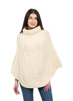 SAOL Damen Strickjacke aus 100% Merinowolle Zopfmuster Irische Aran Poncho Einheitsgröße, Braun von SAOL