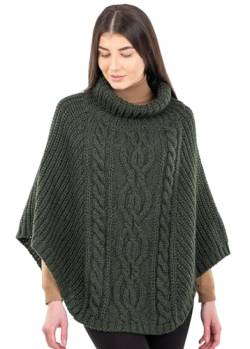 SAOL Damen Strickjacke aus 100% Merinowolle Zopfmuster Irische Aran Poncho Wollumhang, Armeegrün - Einheitsgröße von SAOL