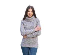 SAOL Fisherman Trichterhals Irisch Aran Sweater aus 100% Merinowolle für Damen (Grau, X-Large) von SAOL