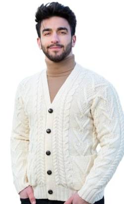 SAOL Herren Aran Irish Cable Knit Strickjacke Cardigan aus 100% Merinowolle mit V-Ausschnitt und Knöpfen und Taschen (Natürlich, 3XL) von SAOL