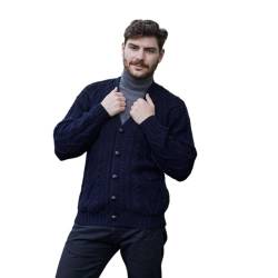 SAOL Herren Aran Irish Cable Knit Strickjacke Cardigan aus 100% Merinowolle mit V-Ausschnitt und Knöpfen und Taschen (Navy blau, 3XL) von SAOL