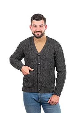 SAOL Herren Aran Irish Cable Knit Strickjacke Cardigan aus 100% Merinowolle mit V-Ausschnitt und Knöpfen und Taschen (Schwarz, Groß) von SAOL