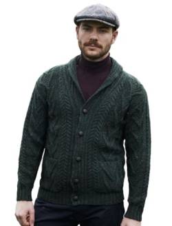 SAOL Herren Cardigan mit Zopfmuster und Schalkragen aus 100% Merinowolle Knöpfe und Taschen, Armeegrün von SAOL