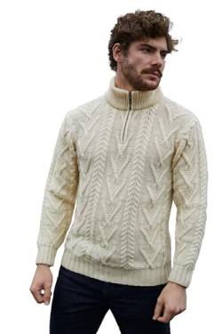 SAOL Herren Pullover aus 100% Merinowolle, mit Reißverschluss, Irischer Fischer, Zopfmuster, für den Winter, Outdoor, Naturfarben oder Marineblau - Braun - Groß von SAOL