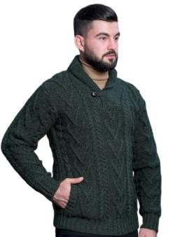 SAOL Herren Pullover mit Schalkragen 100% Merinowolle mit Taschen und einem Knopf Armeegrün, Large von SAOL